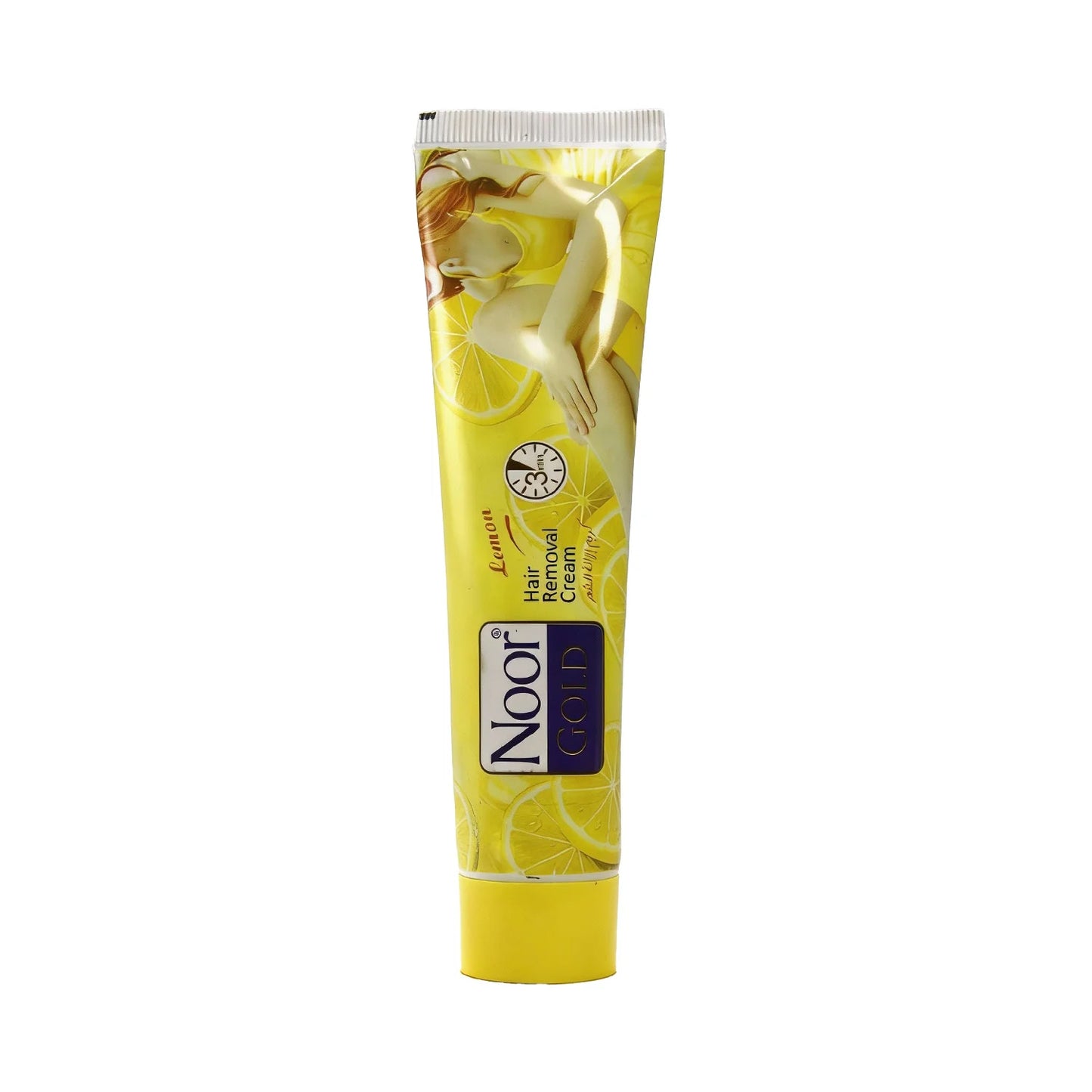 Yellow tube of Noor Lemon Hair Removal Cream on a white background