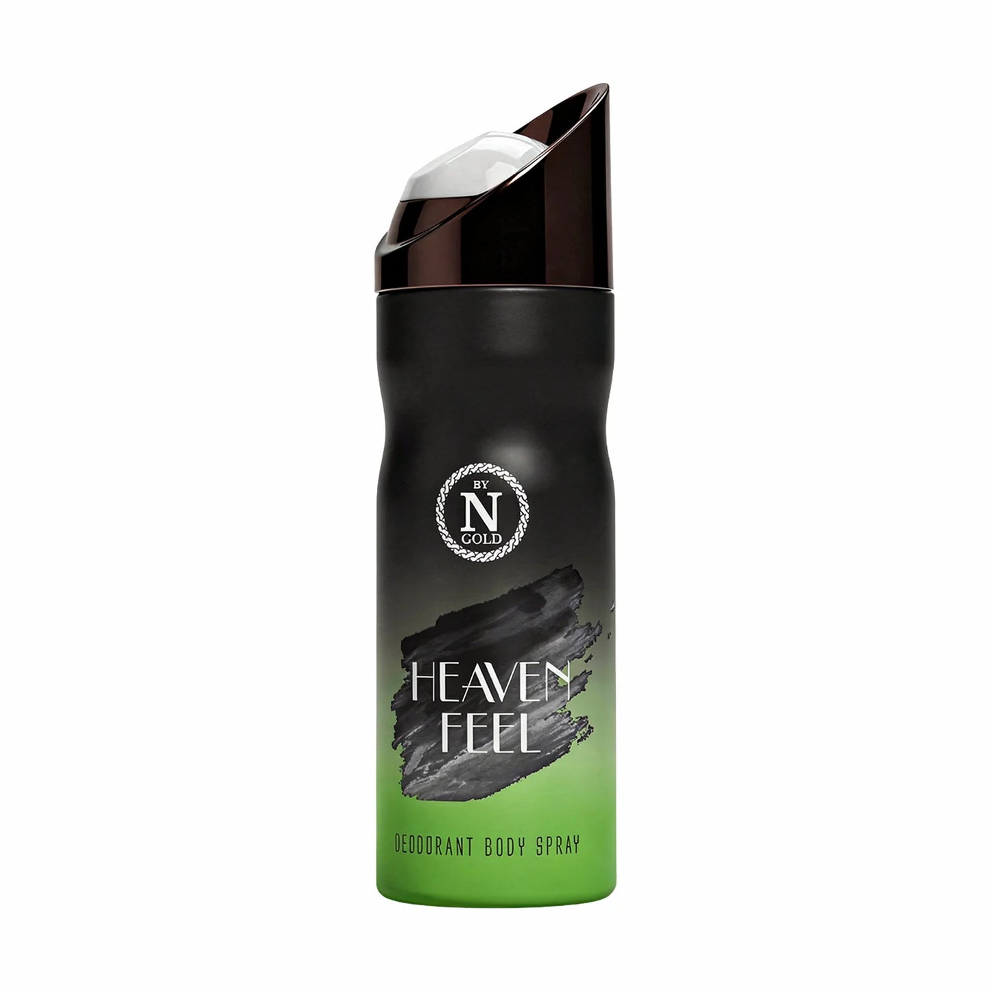 Deodorant body spray bottle with black and green design on a white background