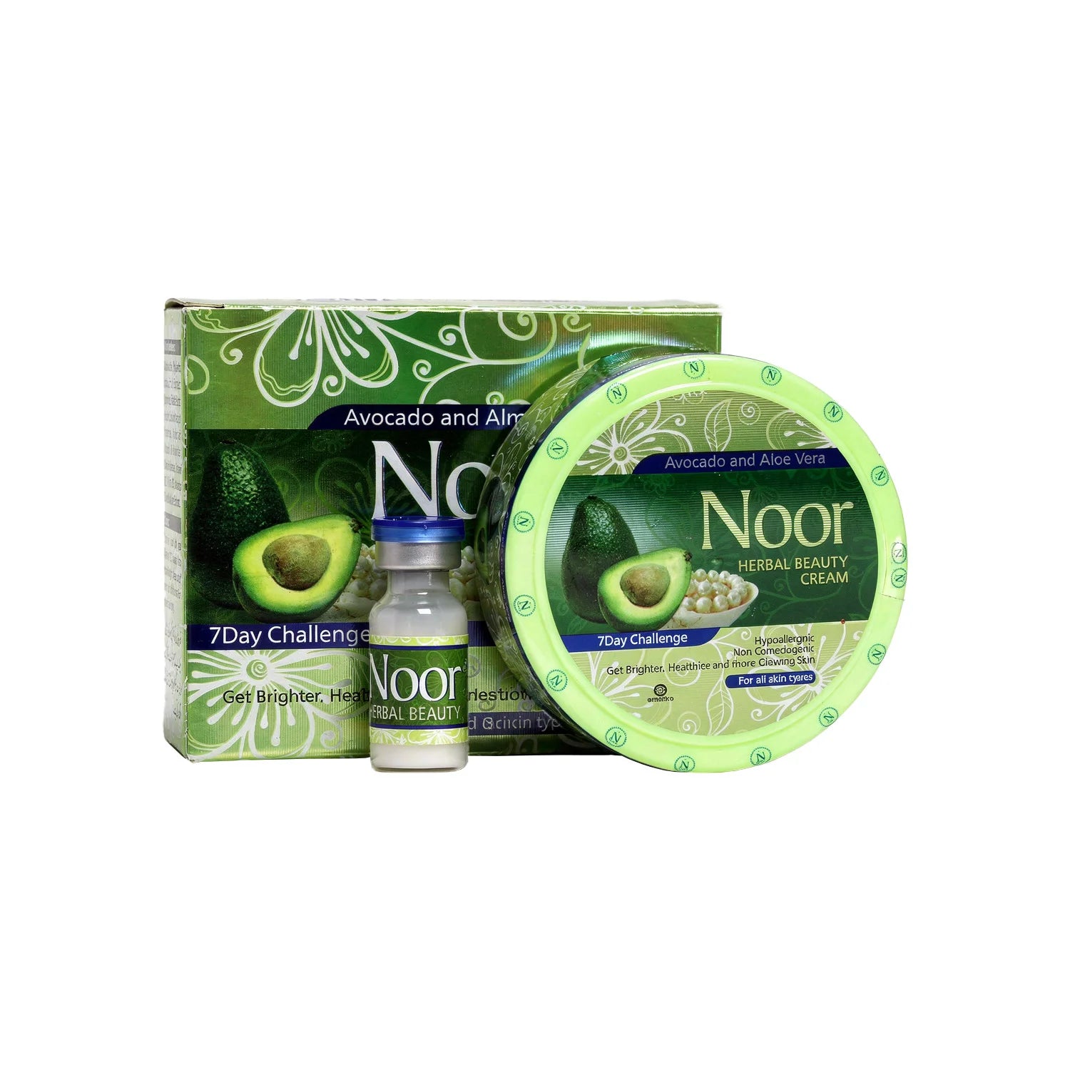 Noor herbal beauty cream set with bottle, box, and container on a white background