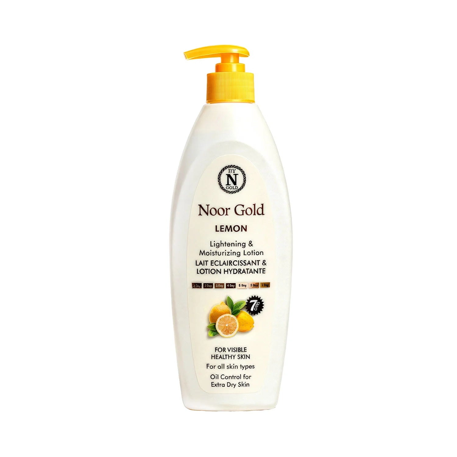 Noor Gold Lemon lightening and moisturizing lotion bottle on a white background