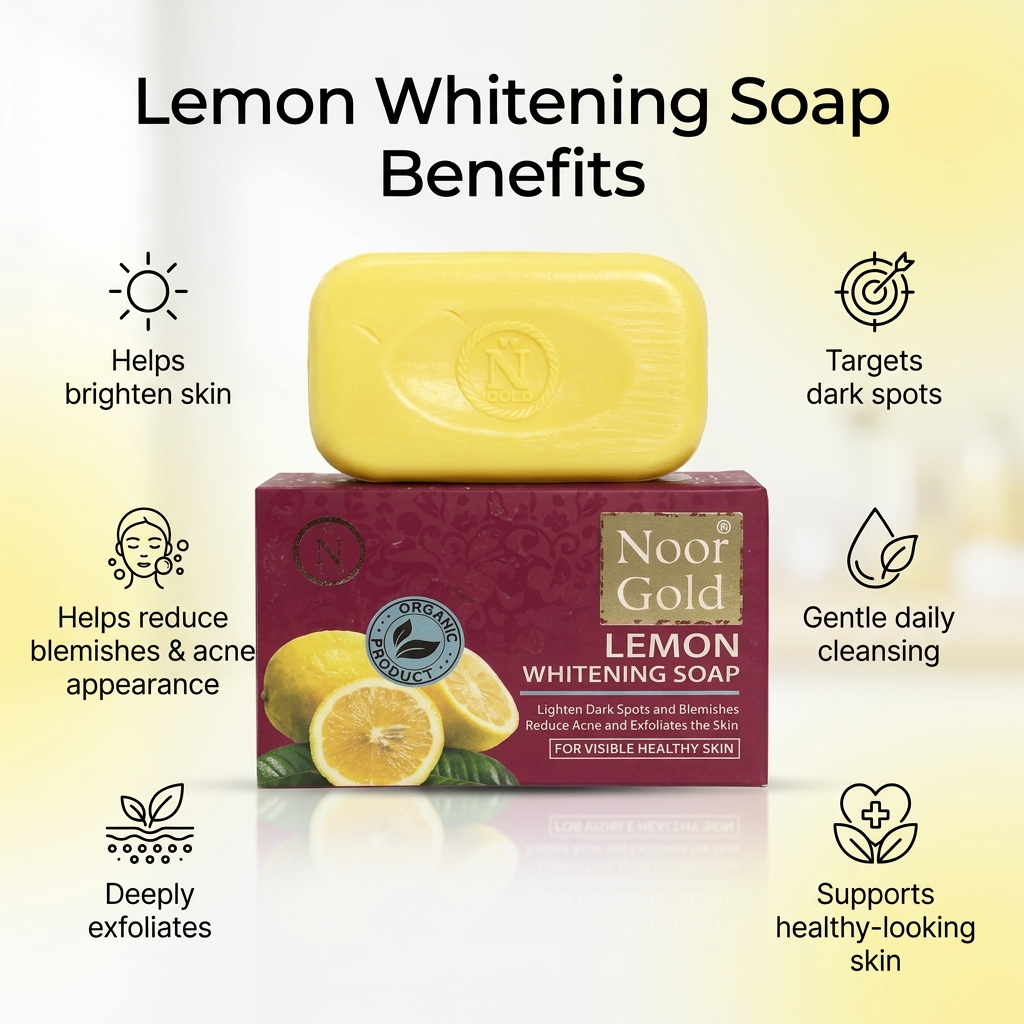 Noor Gold Lemon Whitening Soap with benefits listed on a gradient background