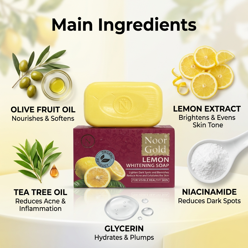Noor Gold Lemon Whitening Soap with its main ingredients displayed on a light background