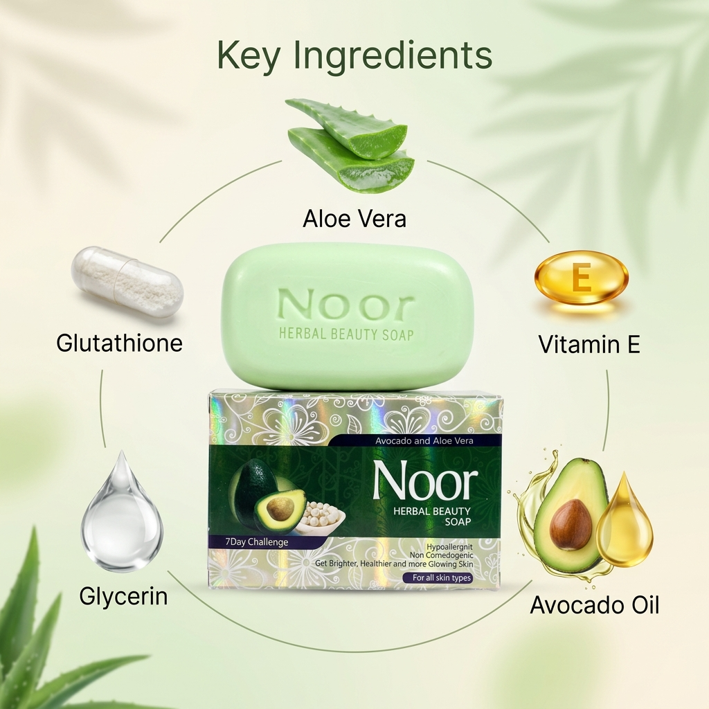 Noor Herbal Beauty Soap with key ingredients displayed on a light green background