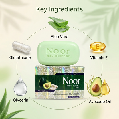Noor Herbal Beauty Soap with key ingredients displayed on a light green background