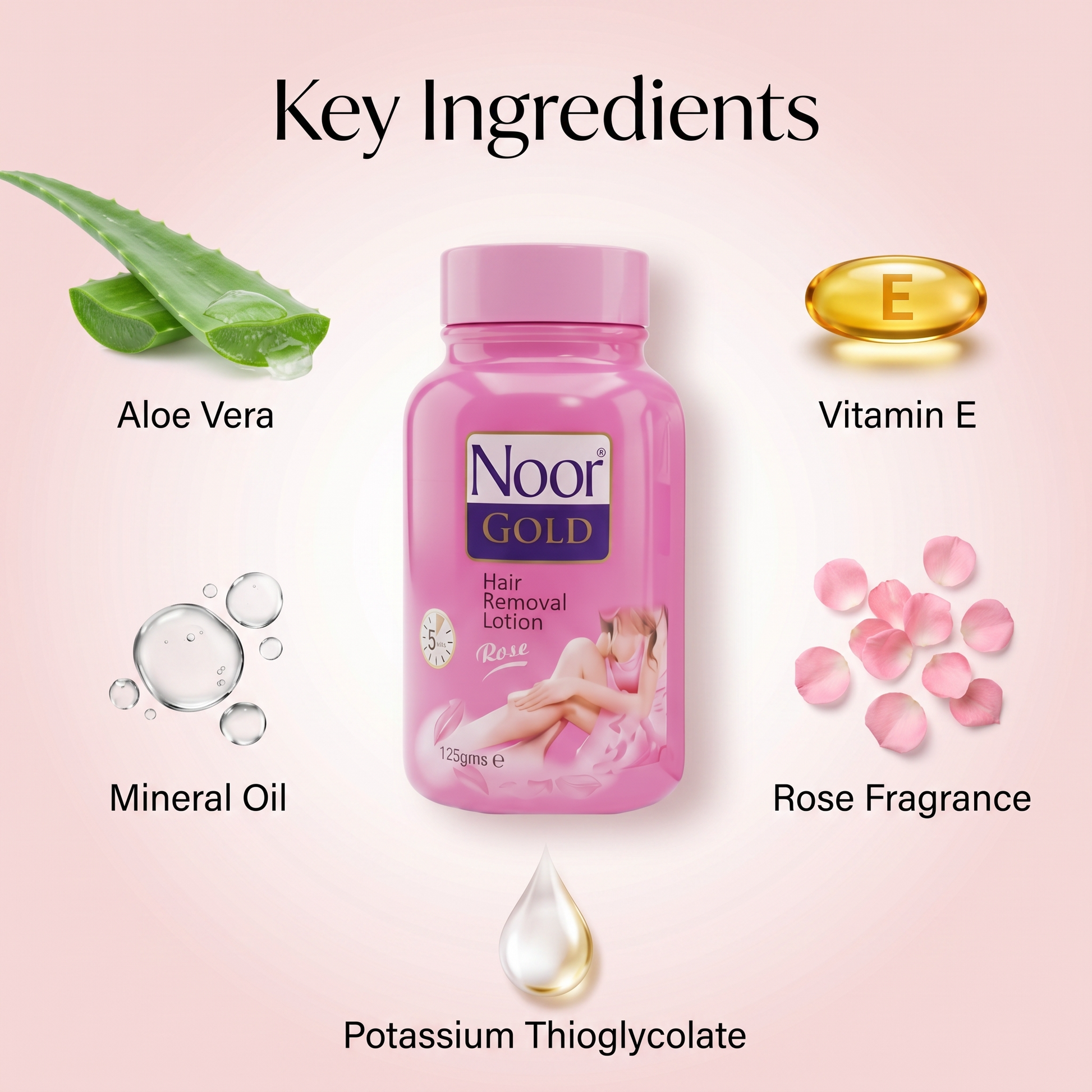 Noor Gold Hair Removal Lotion with key ingredients
