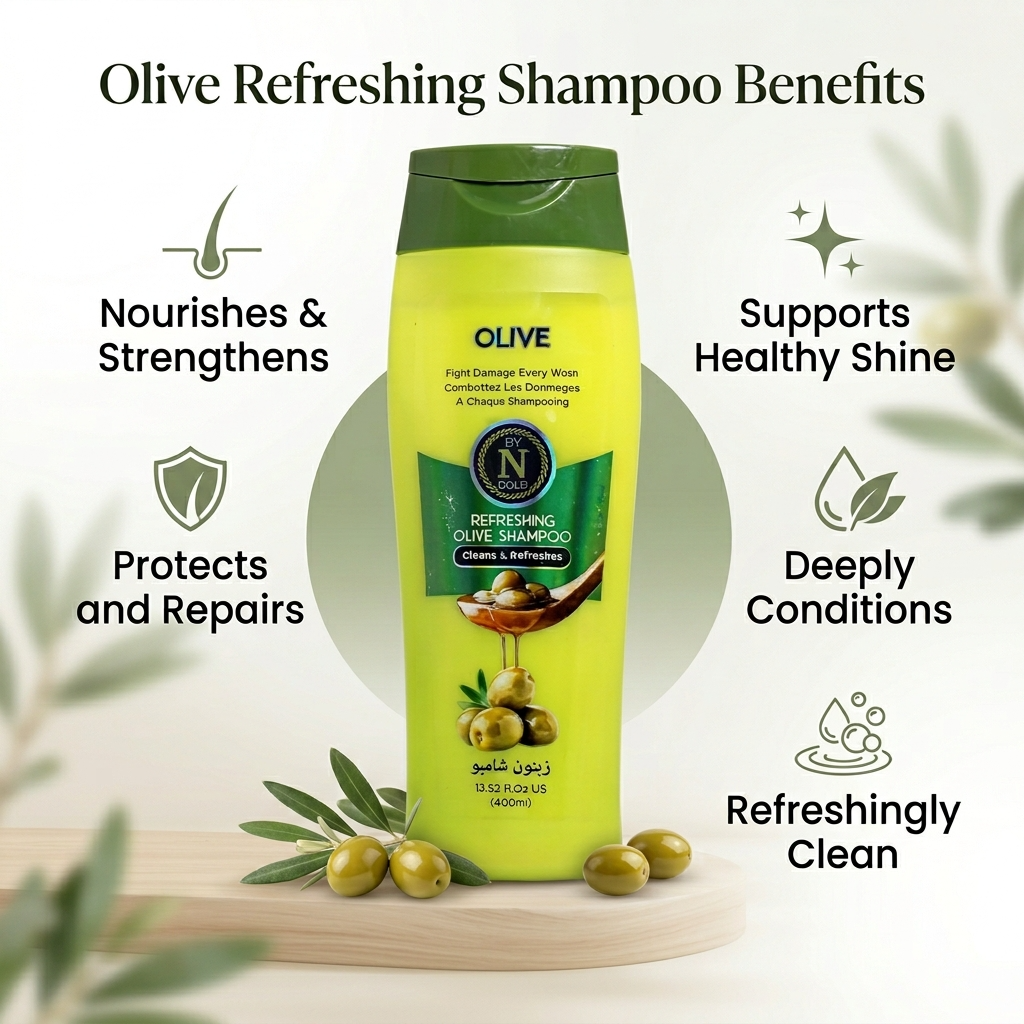 Olive refreshing shampoo bottle with benefits listed on a light background