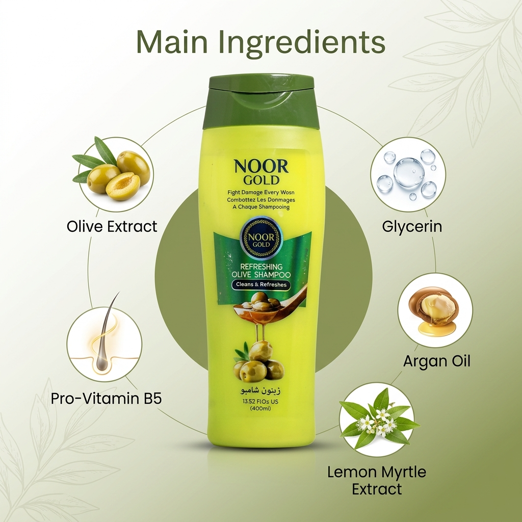Noor Gold shampoo bottle with main ingredients displayed on a green background