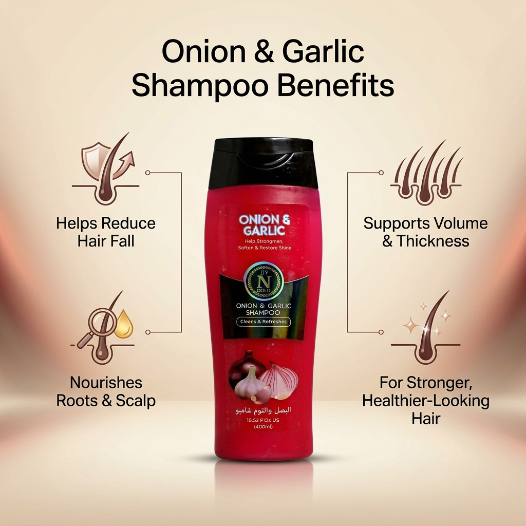 Red shampoo bottle with onion and garlic benefits on a beige background