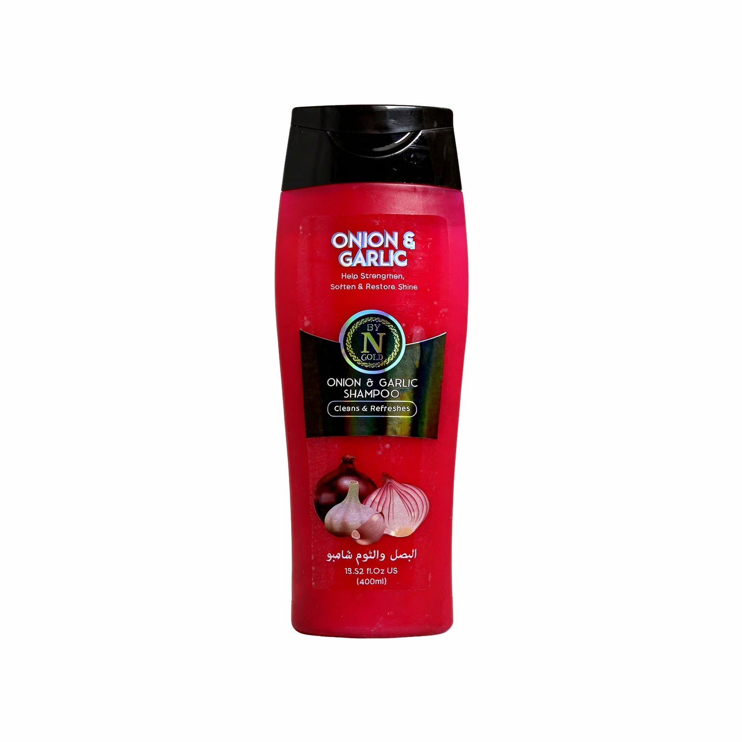 Red shampoo bottle with black cap labeled 'Onion & Garlic' on a white background