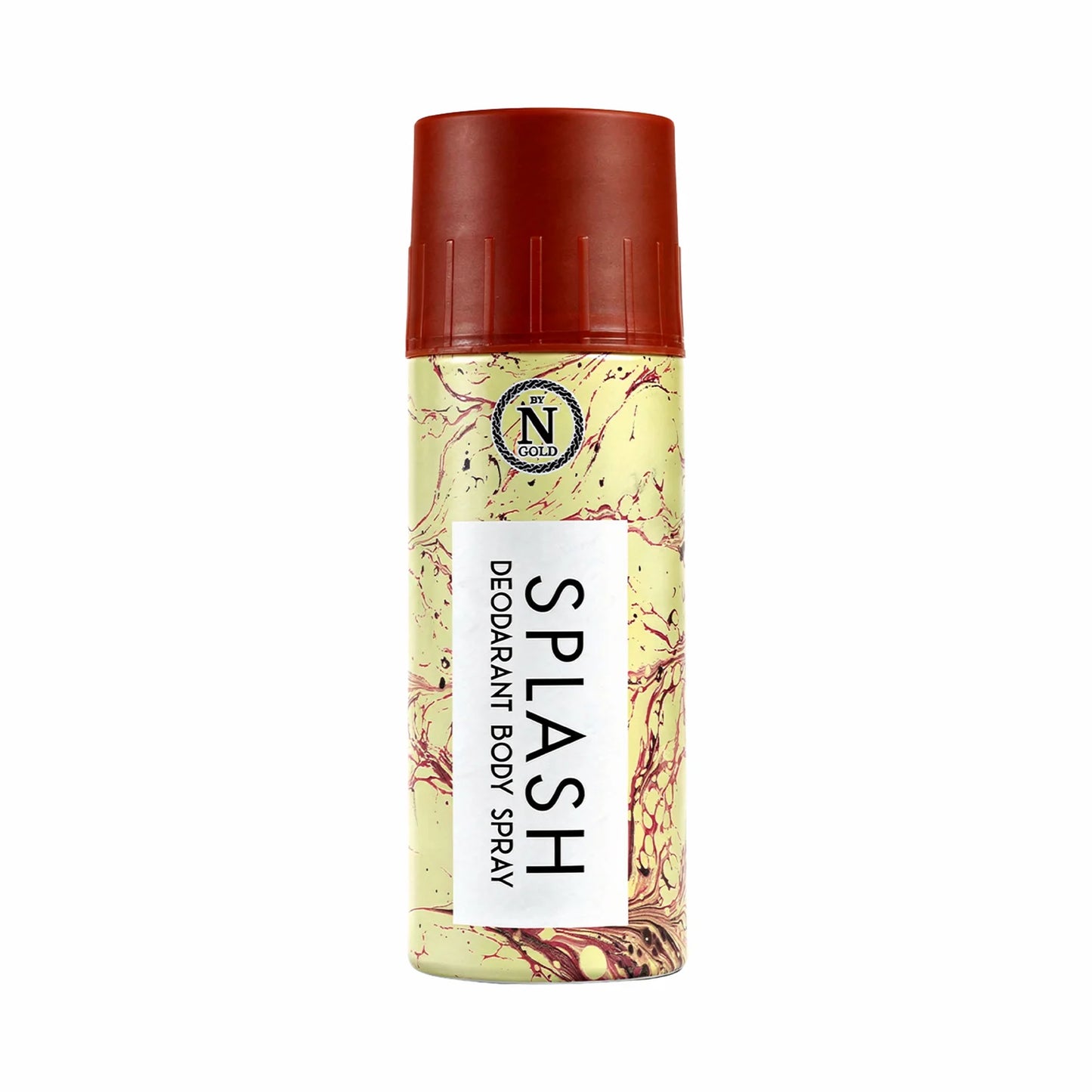 Deodorant body spray bottle with marbled design and red cap on a white background