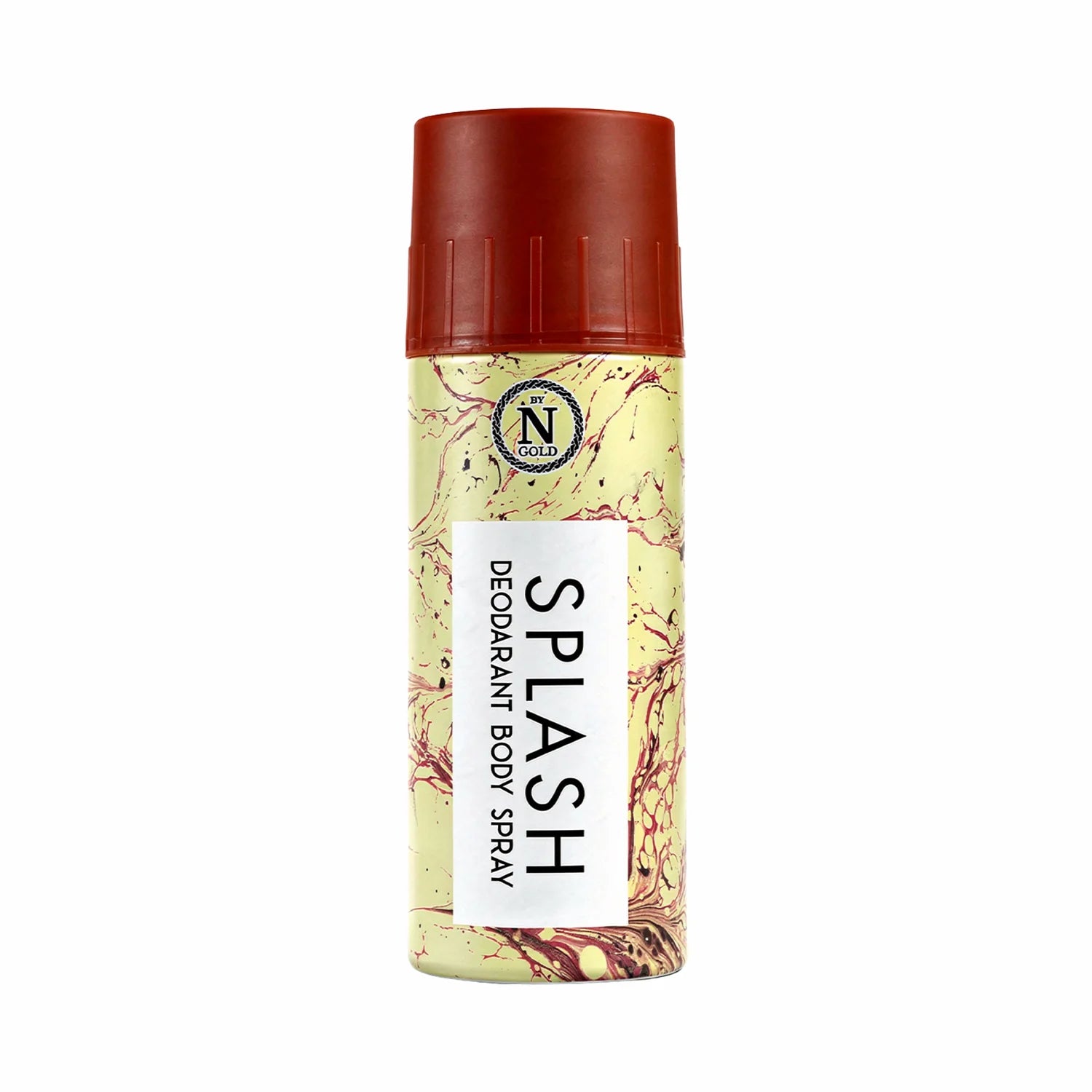 Deodorant body spray bottle with marbled design and red cap on a white background