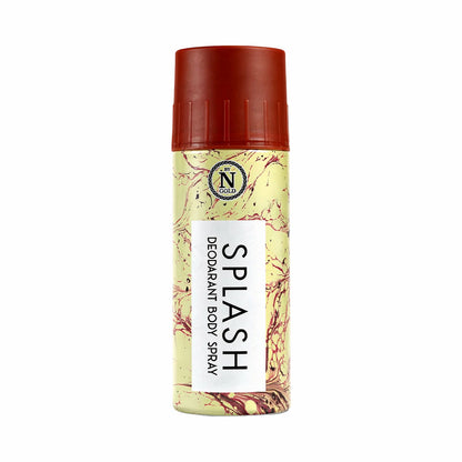 Deodorant body spray bottle with marbled design and red cap on a white background